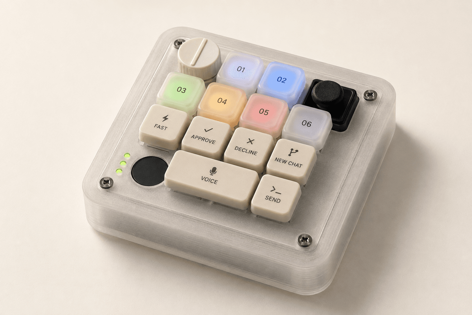 Concept render of the DIY Codex Micro: translucent case, six numbered illuminated agent keys, and labeled Fast, Approve, Decline, New Chat, Voice, and Send keys.